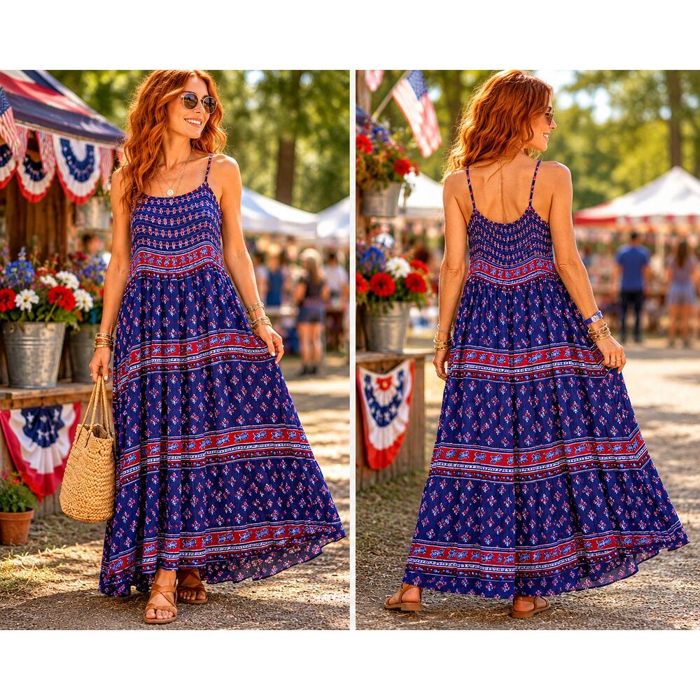 Wallflower Boho Maxi Dress Women's Medium Blue Red Festival Sundress Cottagecore